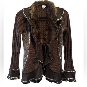 Sioni Faux Fur trimmed Cardigan Sweater Sz PM